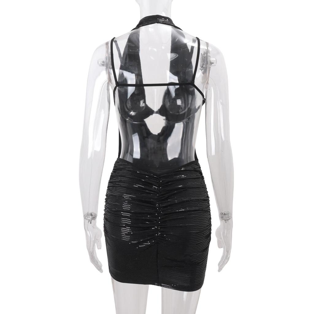 2025 Winter Women's Sequin Halterneck Camisole and Draped Dress Set