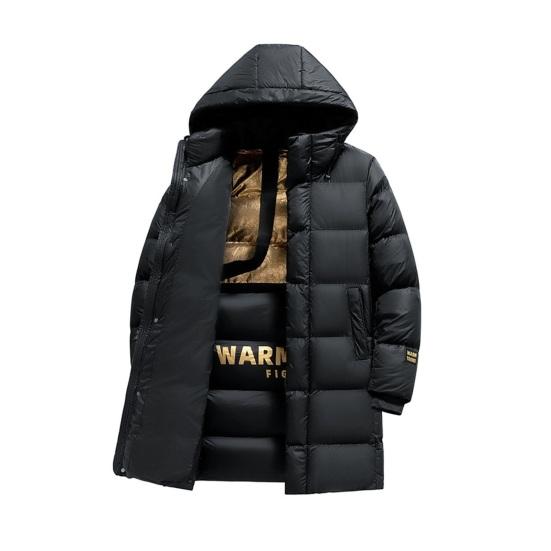Men Cotton Coat Hooded Long Sleeve Puffer Jacket with Graphene Liner Thermal Insulation Technology Black Golden Color Block Mid-length Outwear