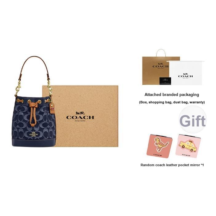 New COACH Signature Fabric With Cow Leather Bucket Bag, Shoulder Bag, Crossbody Bag, Handbag Mini Women's Denim Blue CY740-IMXIA
