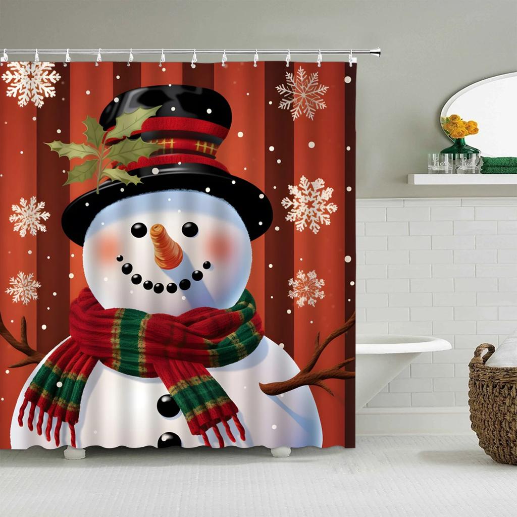 Unframed Christmas Shower Curtain Winter Snowman Snowflake Christmas Tree Red Truck Bell Red Bird Colorful Christmas Ball Bathro
