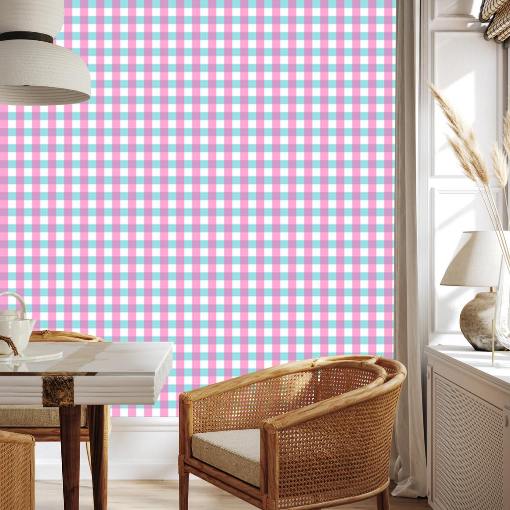 Pink and Blue Checkered Wallpaper, White and Celadon, 50x1000