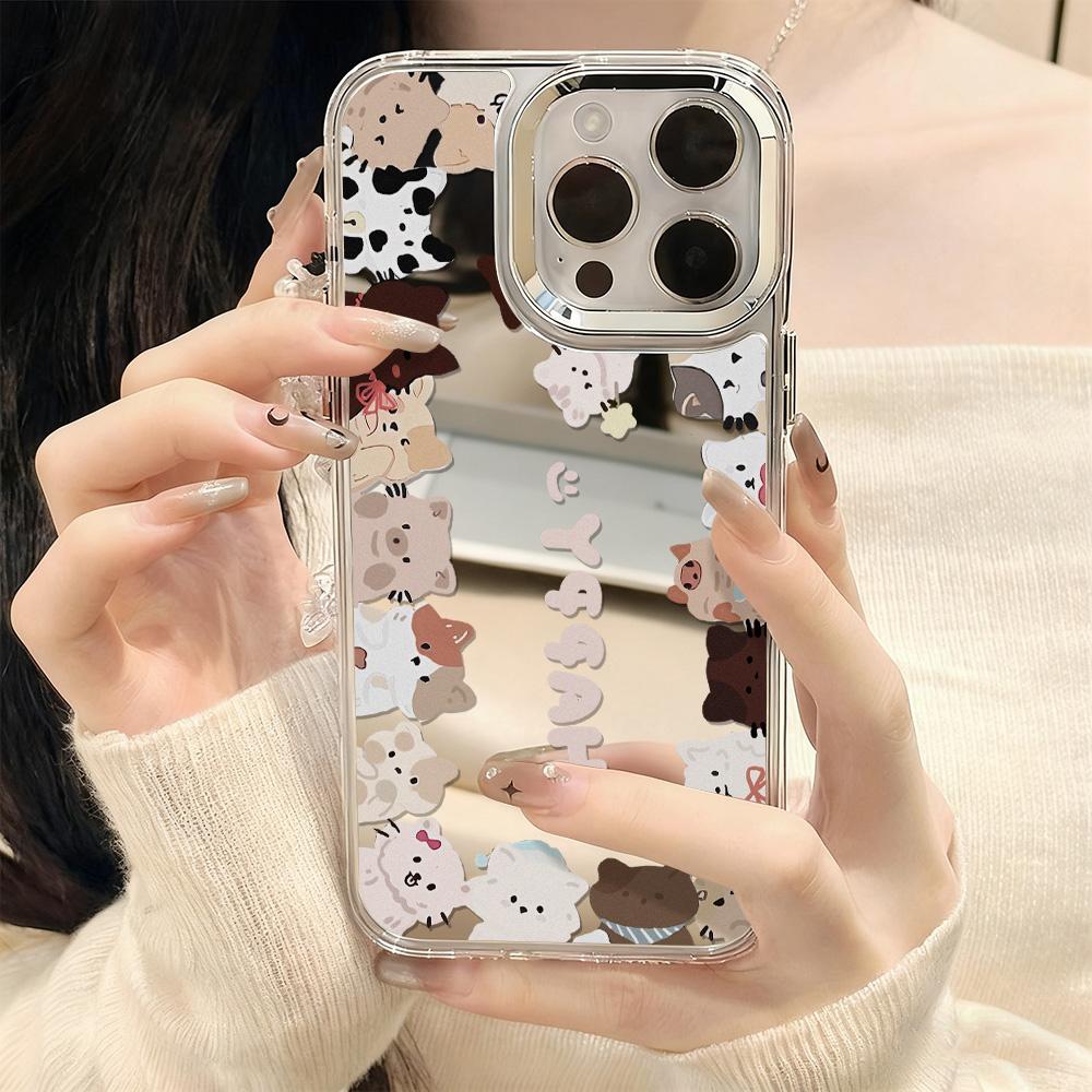 Trendy Cartoon Makeup Mirror Phone Case For IPhone 17 16 15 14 13 12 11 Pro Max 16E 17E Plus Bumper Shockproof Hard Cover Cases