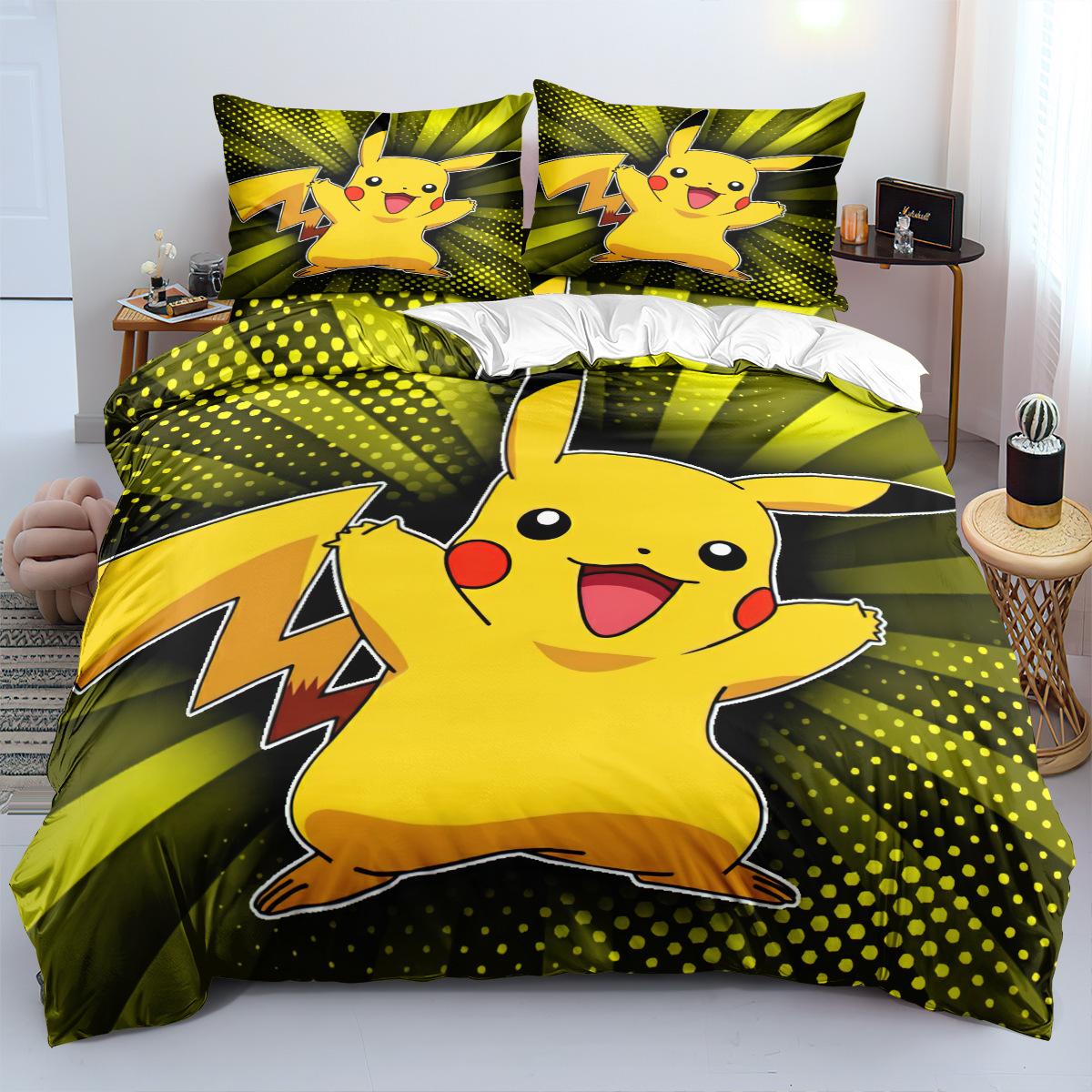 Schattig P-Pokémon Beddengoed Set voor Kinderen Jongens Cartoon Print Dekbedovertrek Dekbed Sets Pikachu Hoes Beddengoed Set AU Single(140*210cm)3pcs