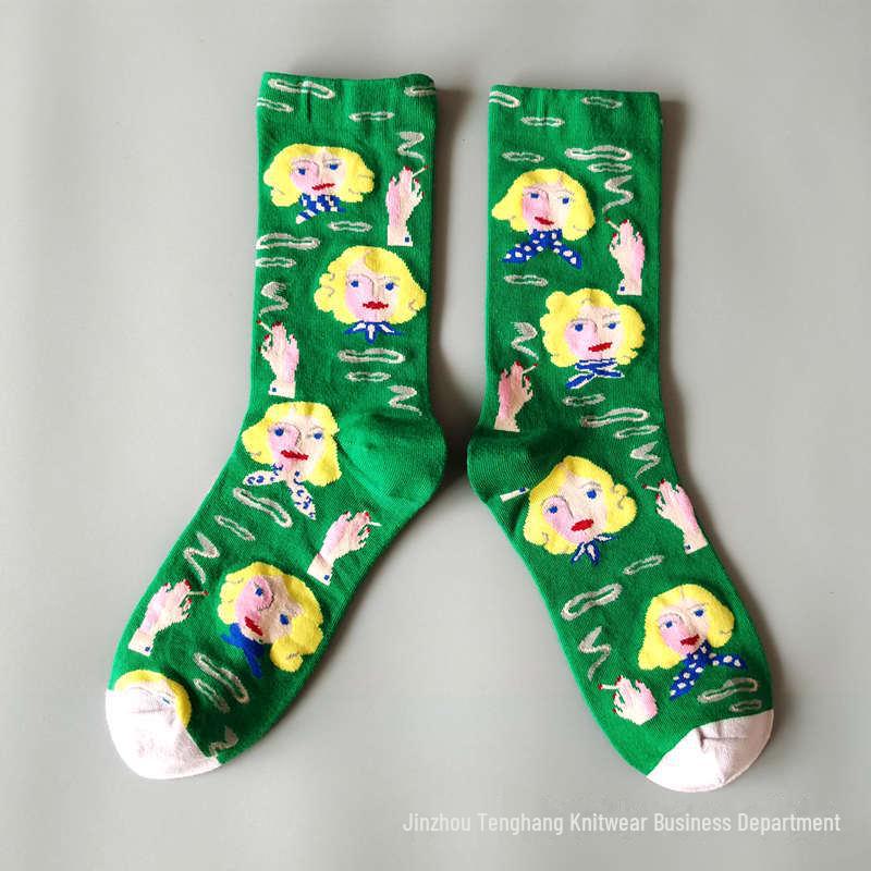 Șosete la modă cu pictură în ulei franceză: Șosete de vițel colorate, cu tub mediu-înalt, de nișă, la modă pentru femei