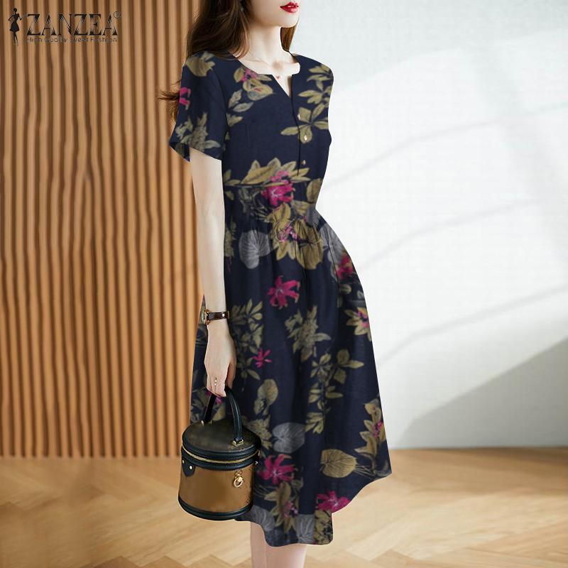 

ZANZEA Цветочный принт Повседневный V-образный вырез с коротким рукавом Женщины Летнее платье