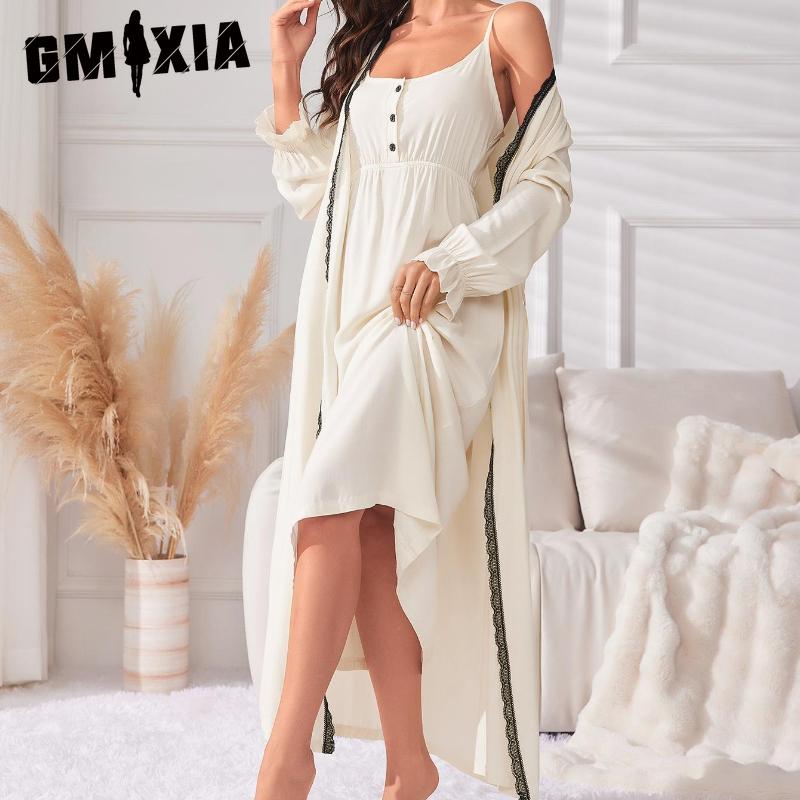 GMXIA Simple Leisure In The Long Section of The Halter Nightgown Robe Female Two-piece Four Seasons Long-sleeved Ladies Home Pajamas