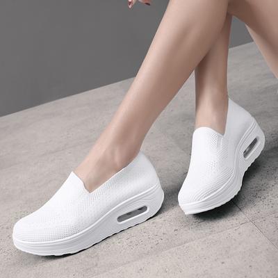Classic Air Cushion Increase Women's Mesh Breathable Loafers Sneakers Solid Color Front Summer Walking Casual Shoes White Shoes