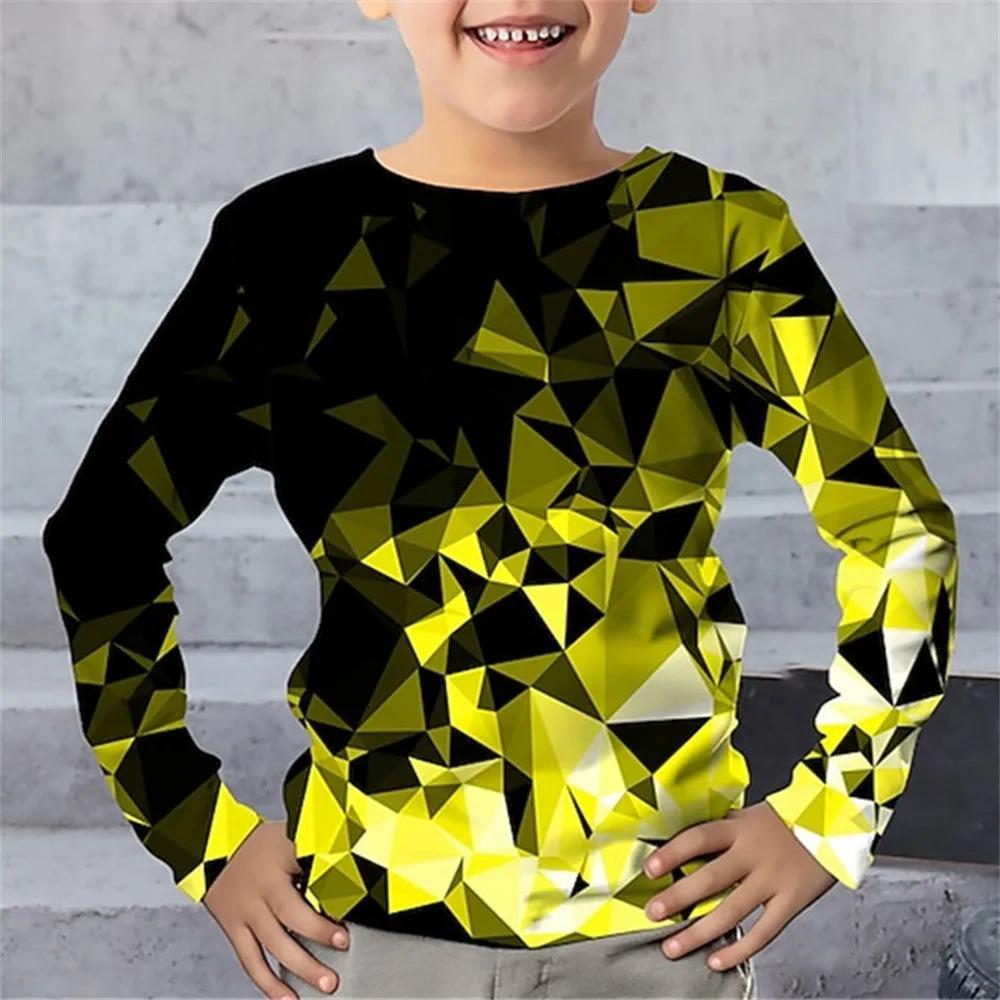 Children's Lightning Geometry 3D Digital Printed Boys' Fun and Fashionable Round Neck Long Sleeve T-shirt