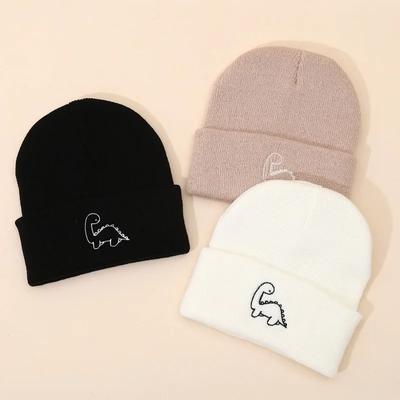 1 peça gorro fofo de dinossauros de desenho animado para crianças pequenas, moda esportiva, bordado, crochê, gorro fofo, outono inverno, quente, tricô