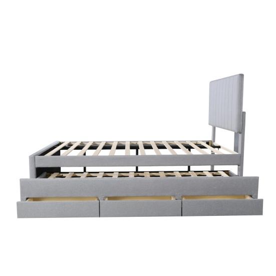 90x200cm Cotton Linen Fabric Storage Bed with Drawers Pull-out Bed Headboard Lines Design Strong Wood Slat Support Bed Home Furniture