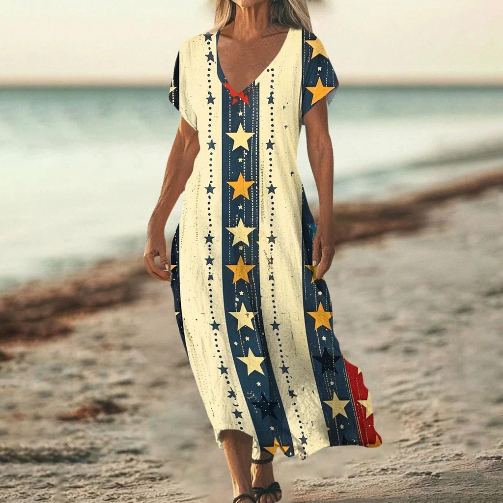 Sommerkleid Damen Lang Strandkleid Elegantes Kleid V-Ausschnitt Kurzarm Sommerkleid Leicht Luftig