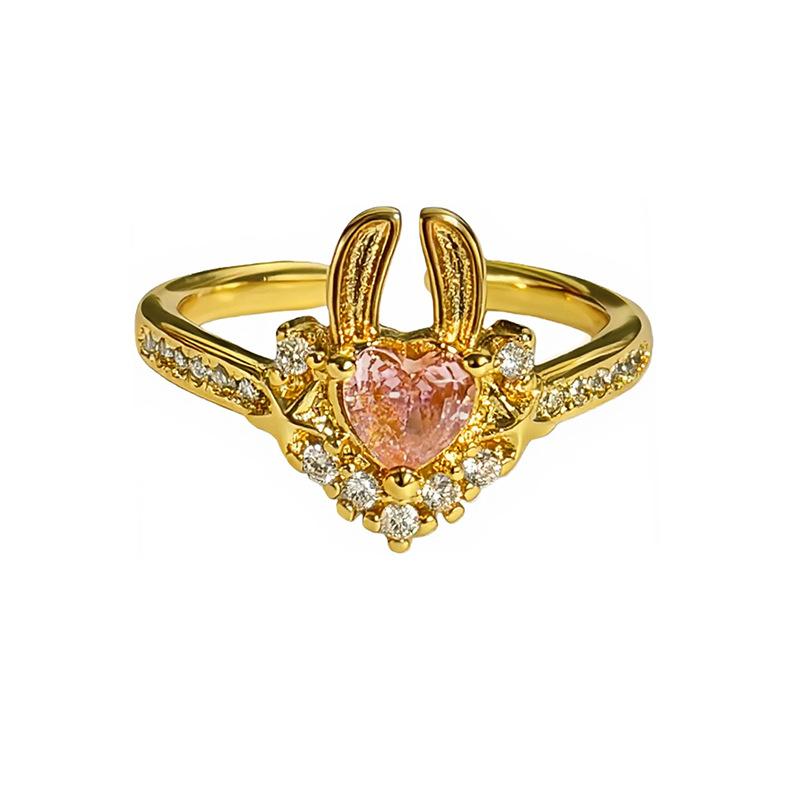 Light Luxury Dream Girl Heart Pink Love Colored Treasure Zircon Rabbit Wing Open Ring Starlight Stacked Index Finger Ring