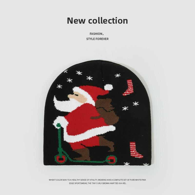

Christmas hat autumn and winter warm and cold jacquard elk Santa Claus red festive knitted wool hat Average Size (56-58cm)