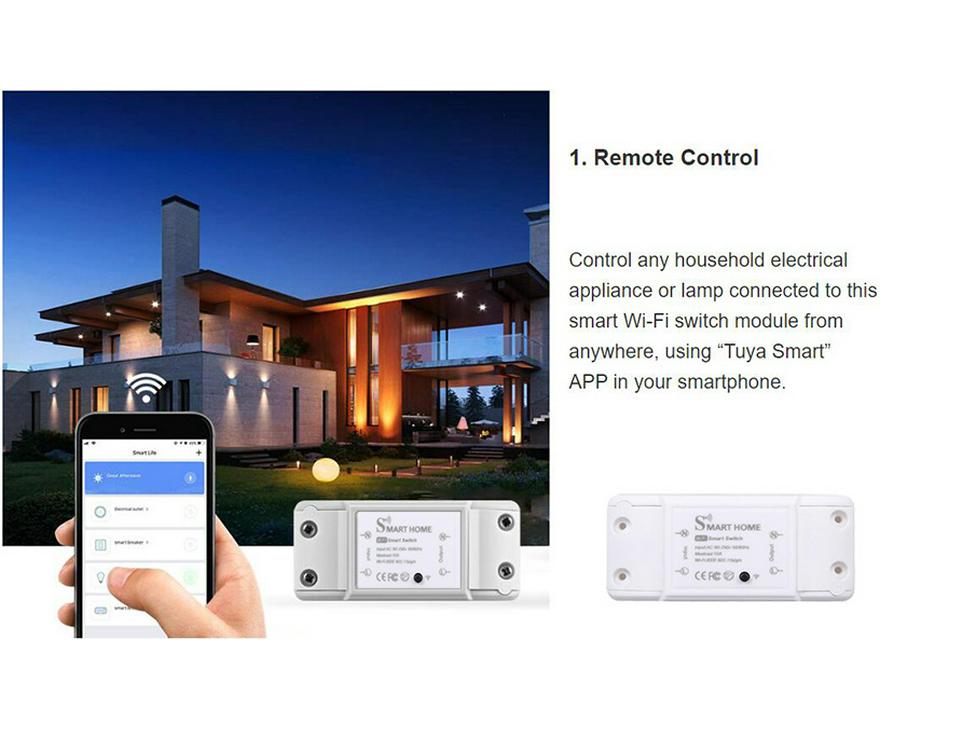 WiFi Tuya Smart Single Channel Relay Switch, 10A/16A, Remote Control AC 90-250V