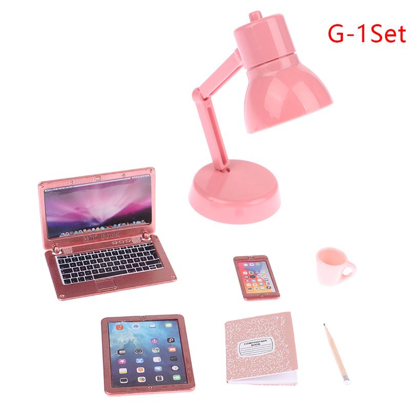 1:12 Dollhouse Miniature Laptop Phone Tablet Desk Lamp Book Desk Set Decor Toy