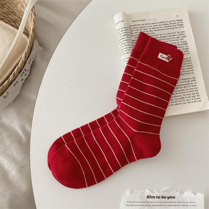 Red Socks for Women's Autumn and Winter Cotton Socks, Cute and Trendy New Year Long Socks