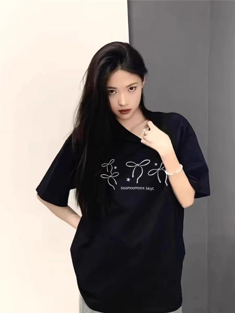 Damen High Street 100% Baumwolle Schleife Kurzarm T-Shirt - Nischendesign Sommeroberteil