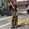 Gedijie leopard print wide leg denim shorts, women's high waisted versatile casual loose straight leg pants