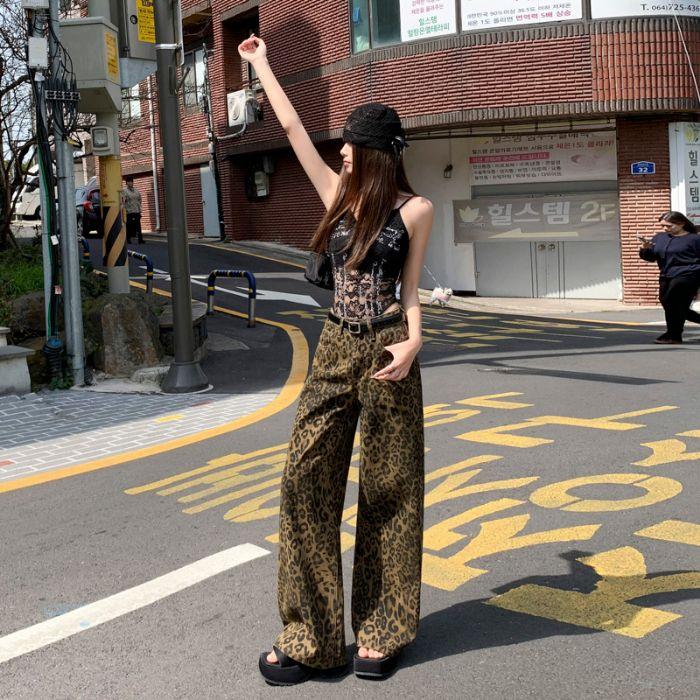 Gedijie leopard print wide leg denim shorts, women's high waisted versatile casual loose straight leg pants