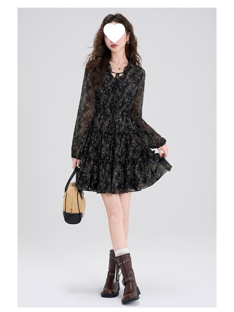 Chic Retro Floral Chiffon Dress: Petite Waist-Cinched Slim Black Style for Autumn & Winter
