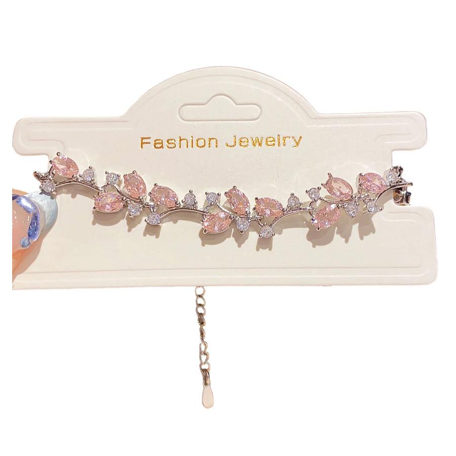 Silver Pink Leaf Hand Chain With Cubic Zirconia For Ladies Elegant Gift