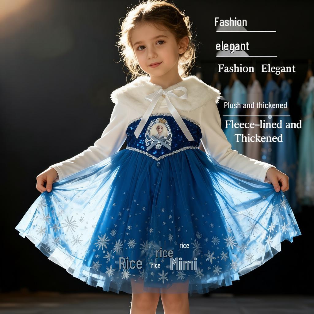 Glitzerndes leuchtendes Elsa Prinzessinnenkleid für Mädchen - Beflockter Herbst-/Winter-Halloween-Stil