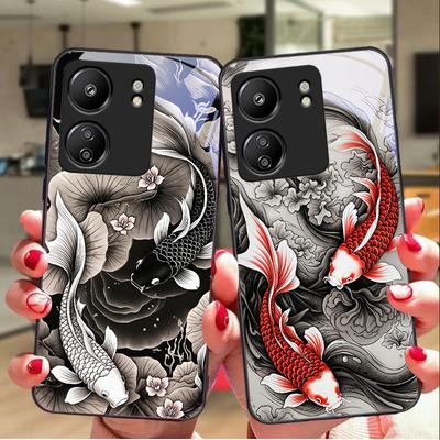 Red Gray Small Fish For Redmi Note 7 8 9 8T 10 11 12 12S 13 14 Pro Plus 5G 13C 12 14C 5 3 4G Black Tempered Glass Phone Case