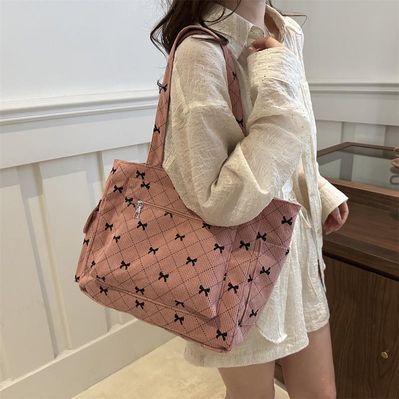 Bow Pattern Commuting Bag Corduroy Handbag Large Capacity Women Tote Bag Multi-pockets Fashion Shoulder Bag Casual Underarm Bags