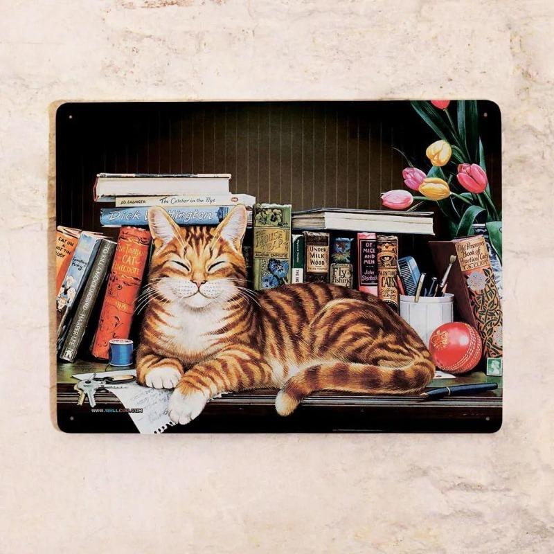 Cats by the Fireplace Metal Sign 20x30cm, Vintage Cozy Wall Art Decor