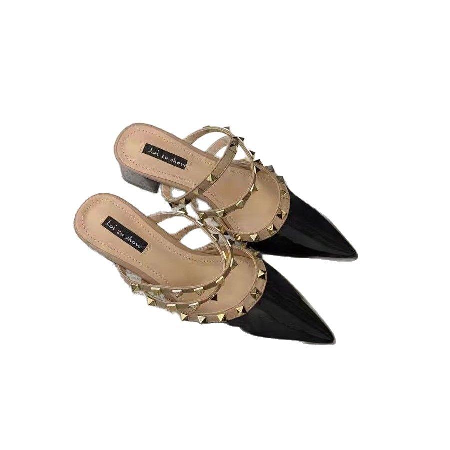 2025 New Summer French Rivets High-end High-heeled Bag Head Half Slippers Women's Pointed Thick Heel with Skirt Sandals