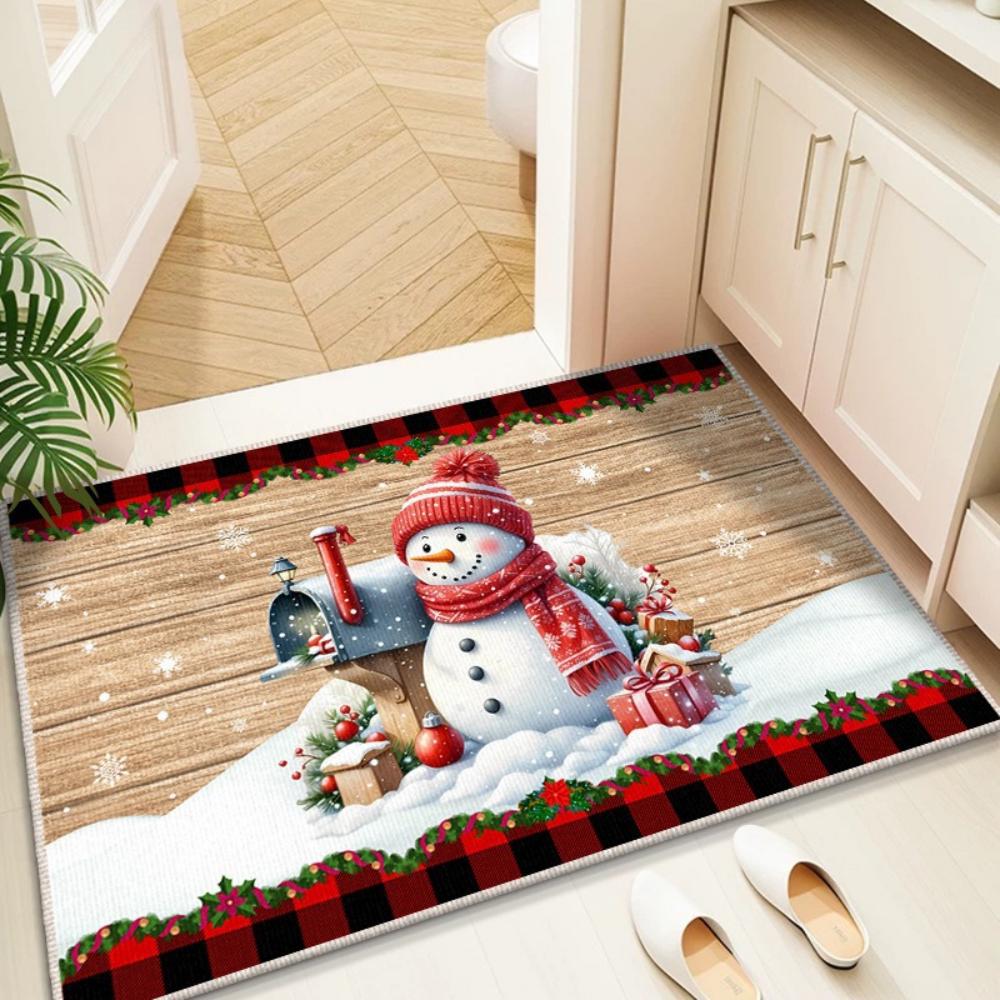 Christmas Gnome Snowman Tree Pattern Doormat Pink and Blue Color Scheme Non Slip Entrance Rug for Living Room Bedroom Decor