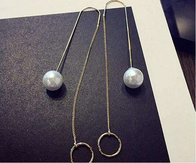 Korean Pearl Circle Long Chain Earrings
