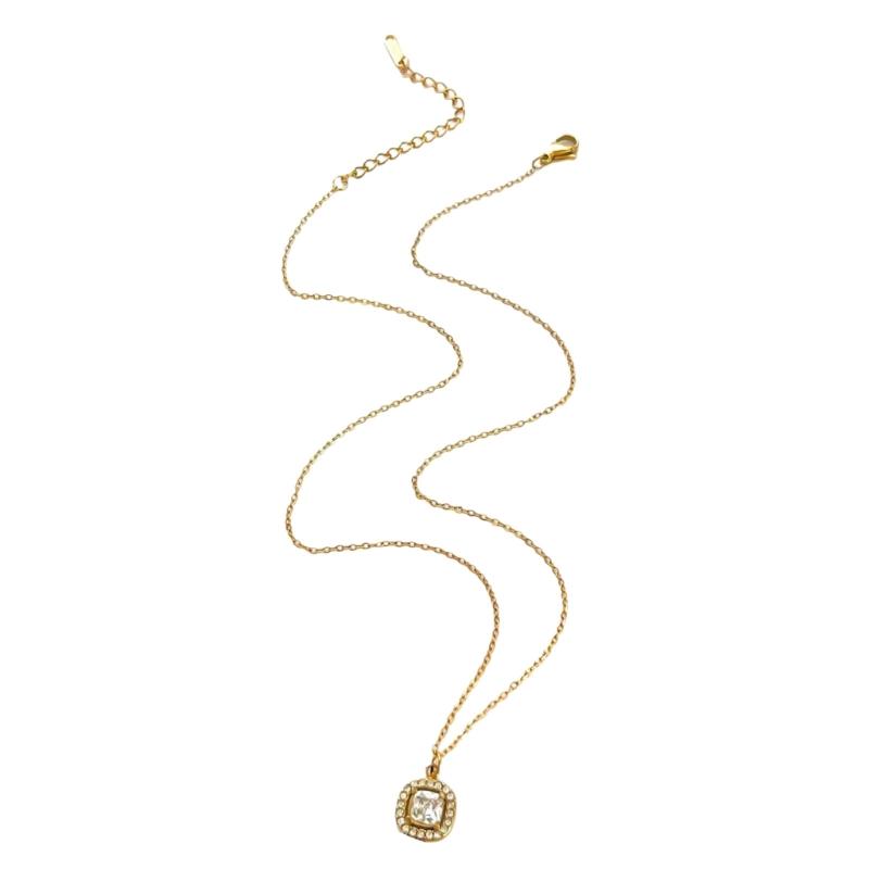Versatile Geometric Charm Necklace With Sparkling Rhinestones Stainless Steel Clavicle Chain Adjustable Jewelry