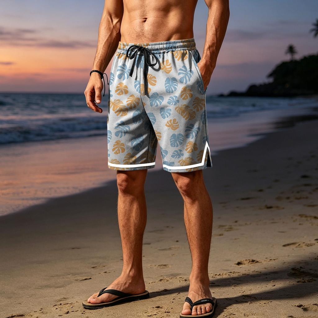 Men Mesh Breathable Casual Sports Shorts with Elastic Waistband and Drawstring Beach Style Printed Design for Summer Activities
