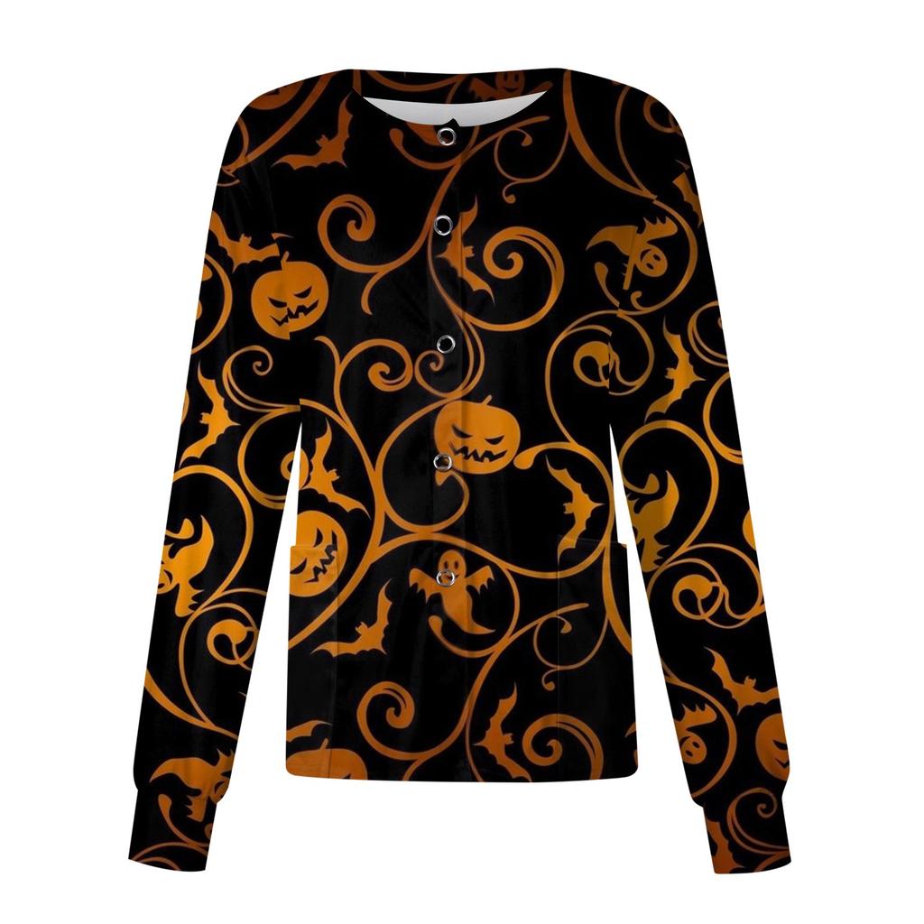 Ženy Vzor s dlouhým rukávem Kapsa Pracovní Halloween Potisk Stojací límec Jednořadý ochranný overal Cardigan Bunda Top