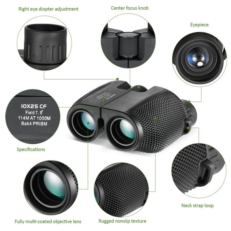 Professional Binoculars, 10x25 BAK4 Prism, High Powered Binocular, Portable Hunting Telescope