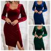 2025 European & American Autumn/Winter Velvet Dress with Slit Slim Fit, Leg-of-Mutton Sleeves, Square Neck, and Long-Sleeve