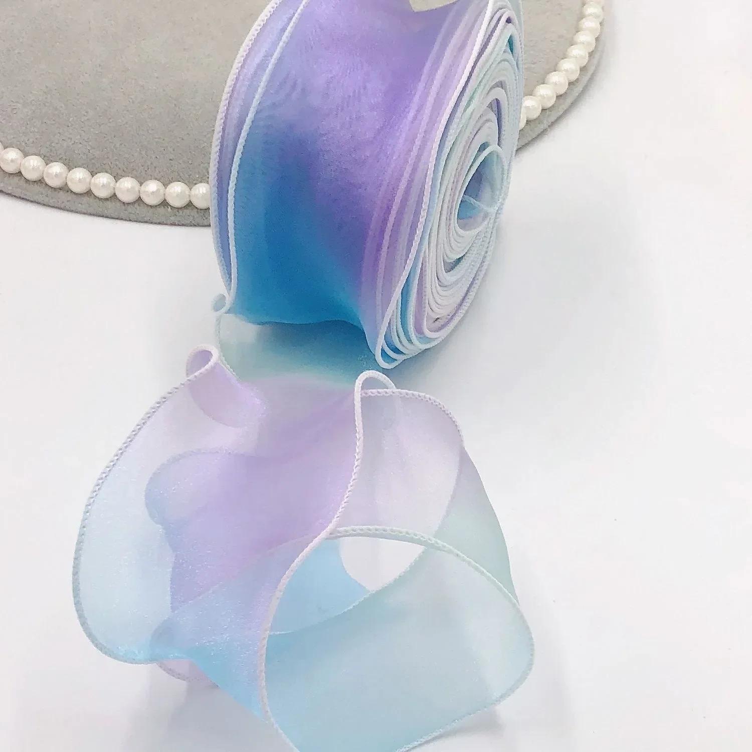 10Yards 60MM Gradient Rainbow Bow Organza Ribbon Gift Wrapping Handmade Bow Children s Hairpin Satin Ribbon Wedding Decorations 10Yards синий