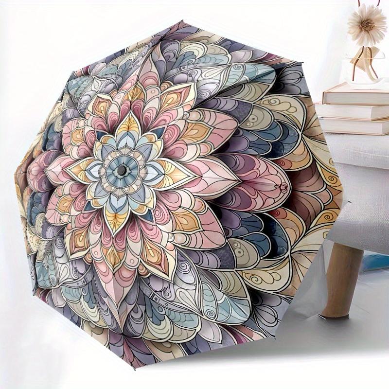 

1pc Mandala Artwork Automatic Open/close Folding Umbrella, Compact Portable Travel Umbrella, Durable Construction, 8 Ribs, Pla Iron&8K