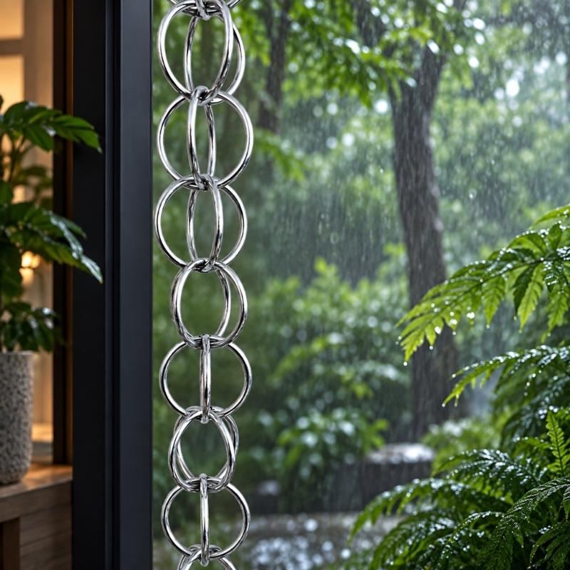 Gutter Outlet Rain Chain in Aluminum Alloy, Open Rings Structure Directs Roof Runoff Down a Continuous Vertical Hanging Chain