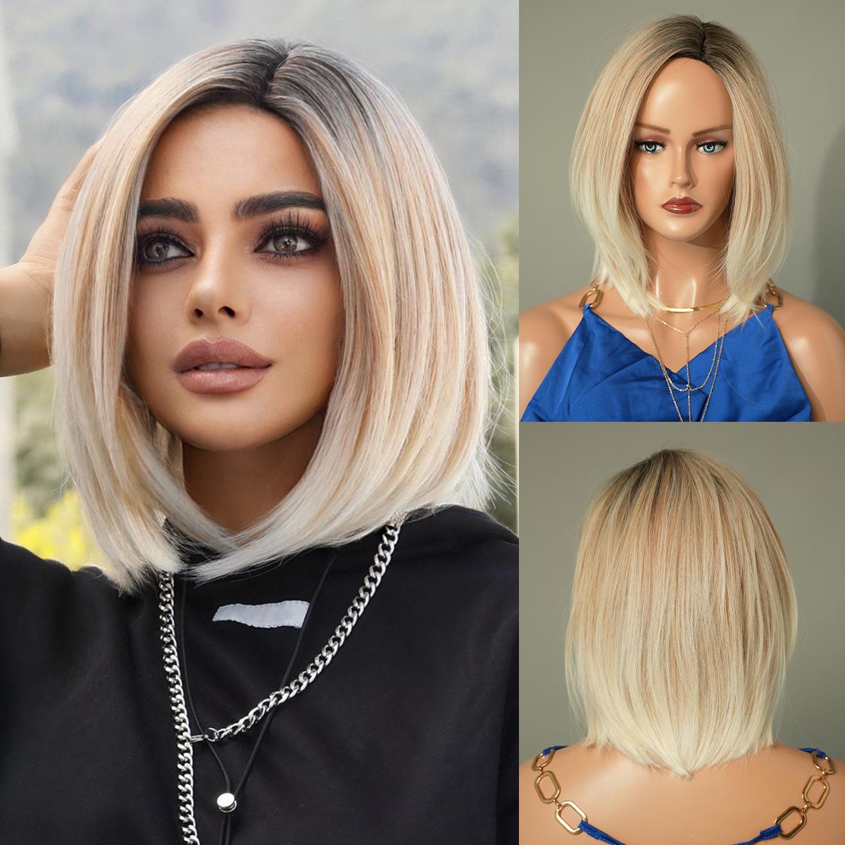 

2025 Новый градиентный серо-фиолетовый короткий прямой парик для женщин - Боб с боковой челкой, синтетический машинной работы, полный колпачок, 4 цвета в наличии 35cm 13.77inch голландский белый