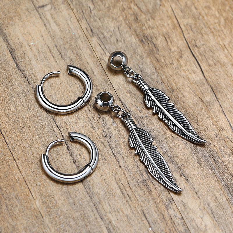 Vnox 1 Piece/Pair Feather Leaf Dangle Earrings for Women Men Jewelry,Stainless Steel Link Chain Drop Punk Ear Clip Accessory
