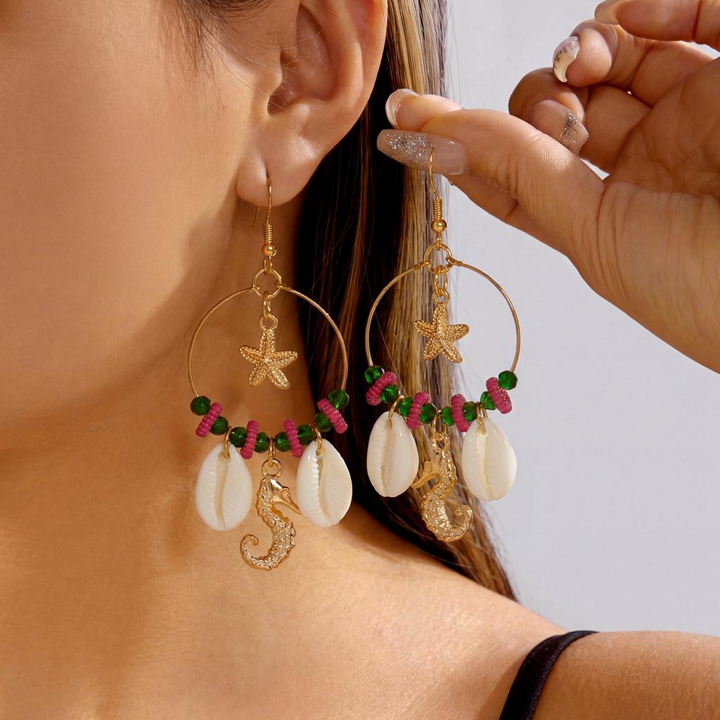 Tropical Fresh Drop Earrings For Women Starfish Shell Crystal Tassel Gold Tone Summer Beach Jewelry