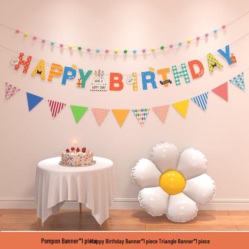Birthday Pom Pom Bunting Set for Kids - First Party Decor & Photo Props
