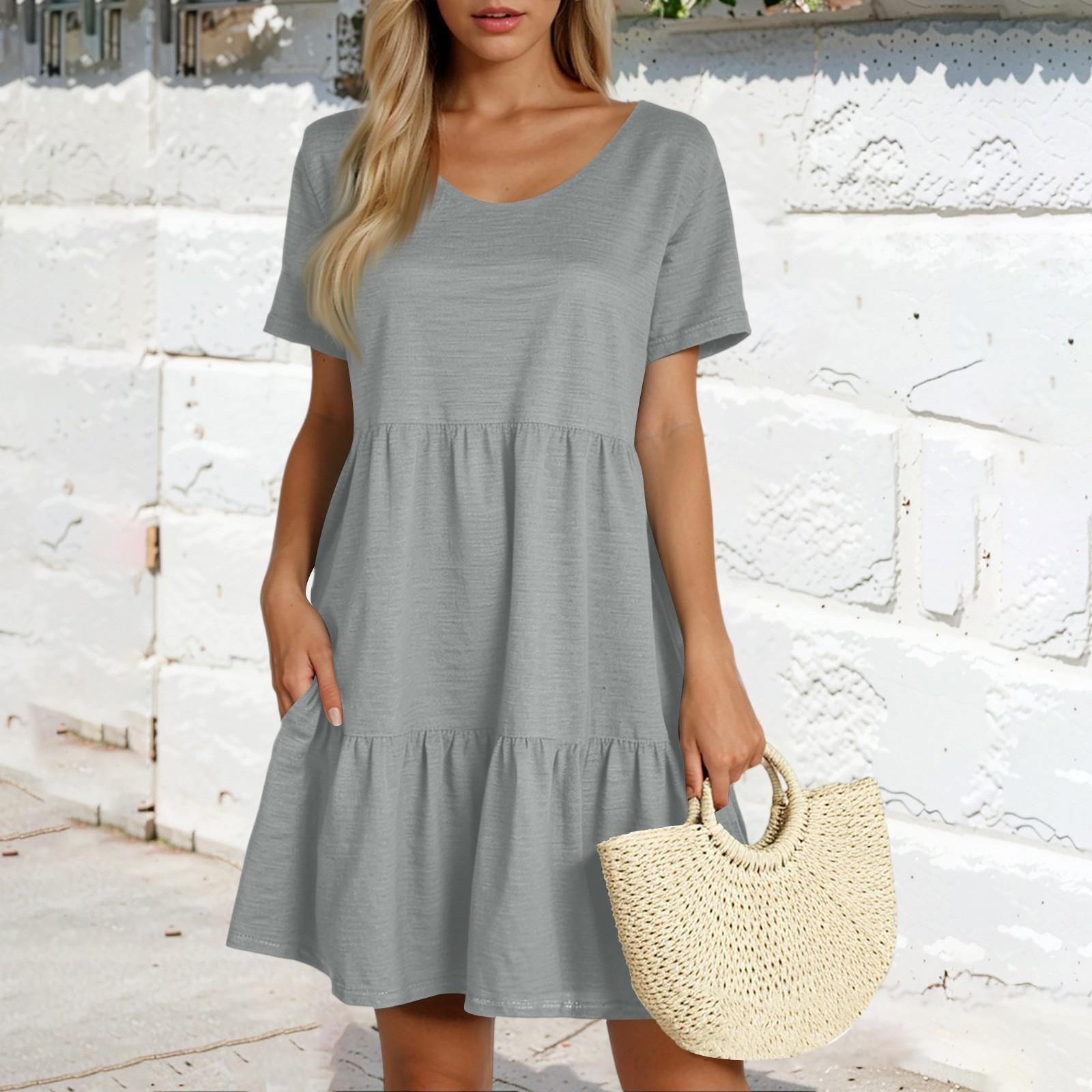 

Женская повседневная модная юбка с круглым вырезом и коротким рукавом, однотонная юбка-торт XXL