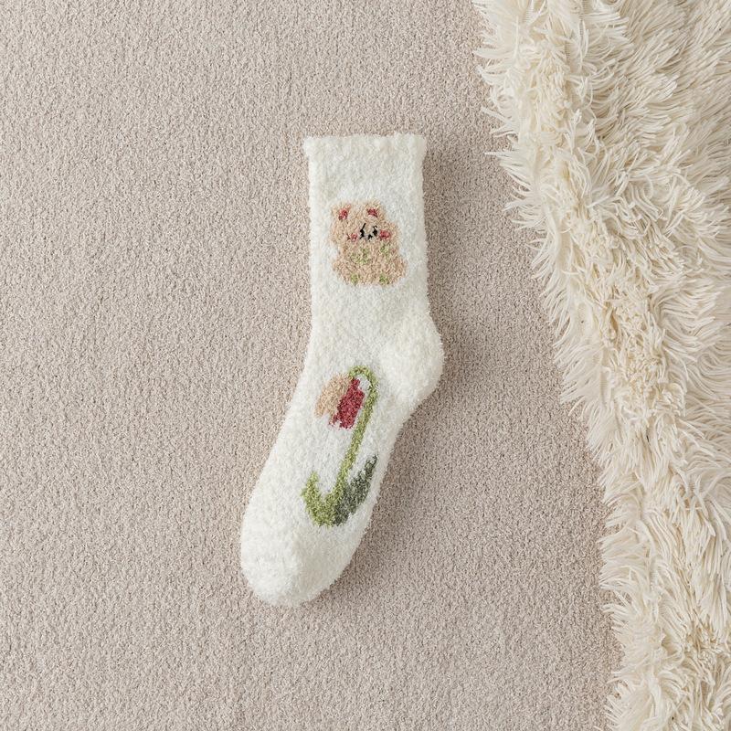 Coral Velvet Socks Women Winter Thickening Does Not Lose Hair Home Sleep Socks Tulip Warm Mid-Calf Floor Socks