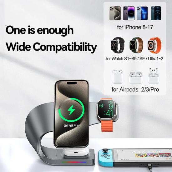 Wireless Charger Stand Metal Shell Magnetic 15W Fast Charging Station Stand for iPhone 12-17 Mobile Phones Airpods Watch 4 in 1