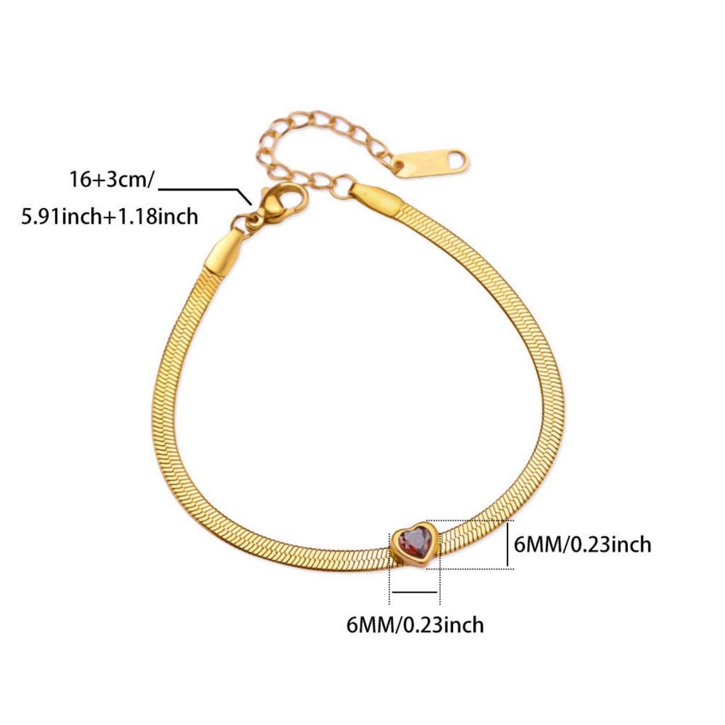 Flat Snake Chain Bracelets 18K Gold Plated 304 Stainless Steel & Rhinestone Women's Birthstone Stylish Gift Jewelry 16cm Long