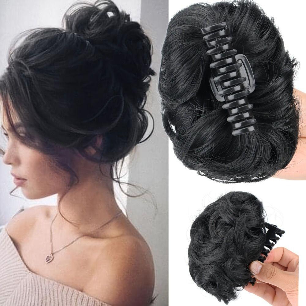 Wavy Messy Hair Bun Hairpieces Updo Claw Clip On Donut Chignon Short Curly Hair  for Women Girls
