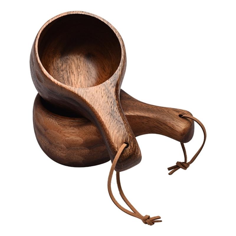 Finland Kuksa Portable Coffee Mug Acacia-Wood Handle Cowhide Rope Hook Juice Milk Cup Coffee Drinking Cup Drinkware